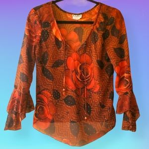 🌹Y2K Bell Sleeves Sheer Rose Floral Top🌹